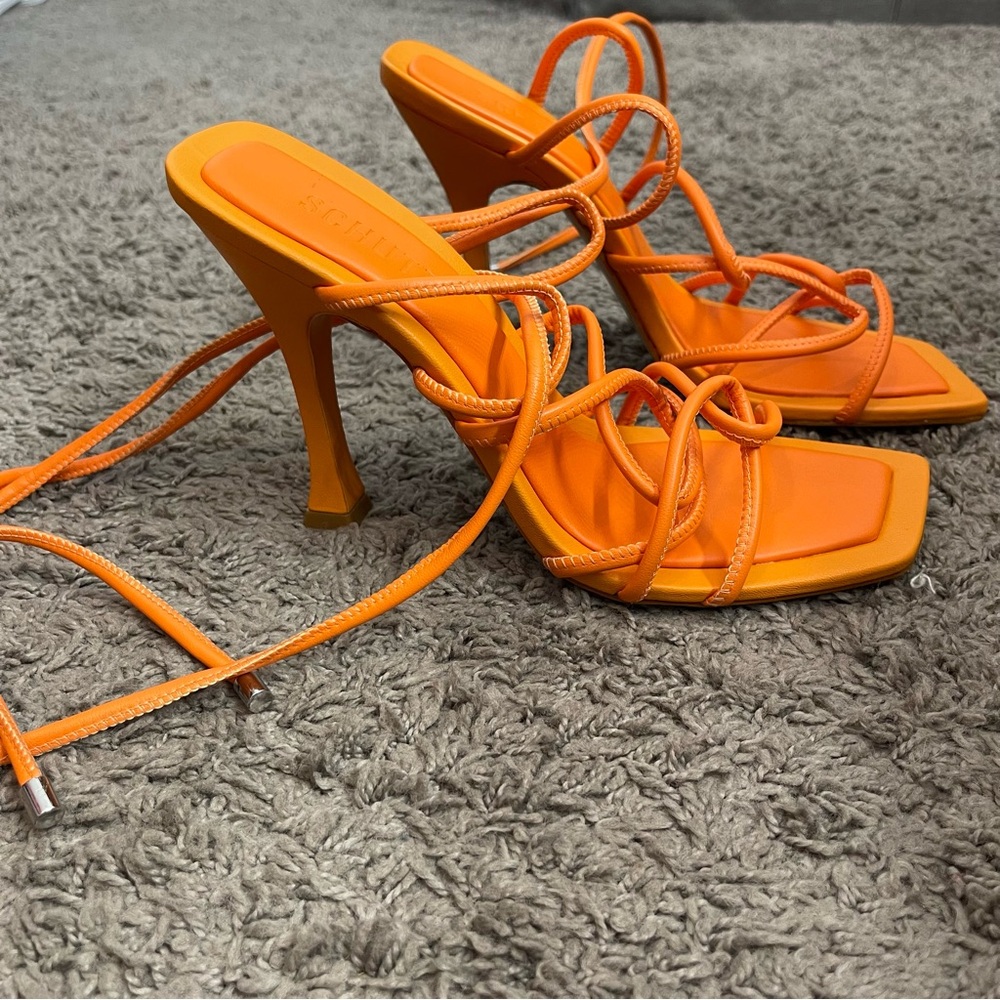 NWOB Schutz Orange Strappy Heels – Square Toe, Lace-Up, Size 9.5B